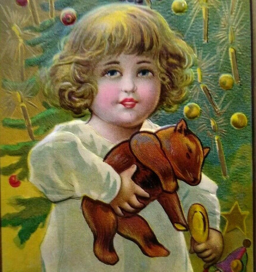 Antique Christmas Postcard Juvenile Series Child & Jointed Brown Teddy Bear