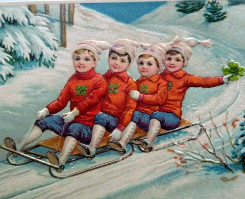 Christmas Postcard Irish Sled Team Clover Shirts Germany 1706 Vintage HWB 412