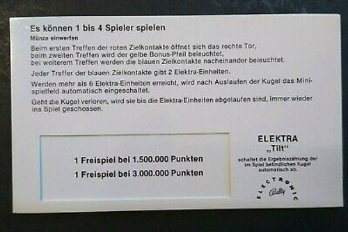 Electra Pinball Machine Score Instructions Cards GERMAN Text 1982 Bally Vintage