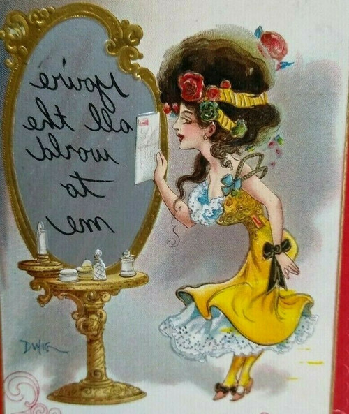 Victorian Lady Postcard Signed Dwig You're All The World To Me Magic Mirror 1909