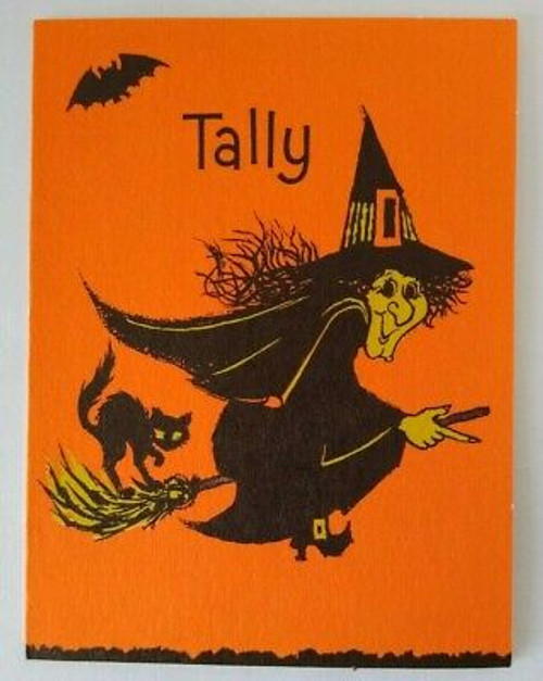 Vintage Halloween Tally Game Card Flying Witch Bat Black Cat NOS Original 1950's