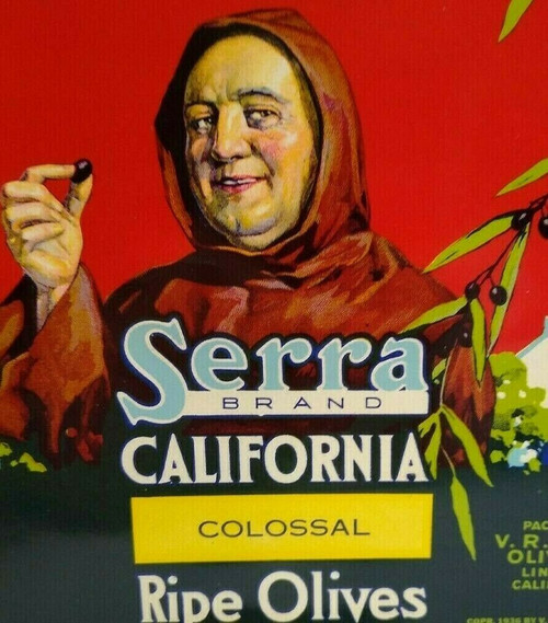 Serra Jolly Face Monk Eating California Olives Can Label Vintage Original 1930's