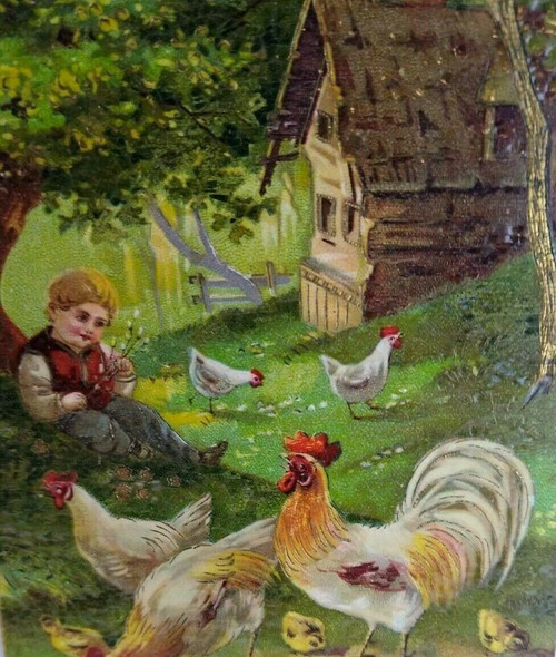 Easter Postcard Roosters Boy In Farmland Gel Germany Vintage PBF Series 9777