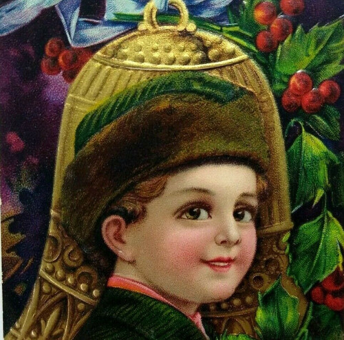 Victorian Christmas Postcard Boy Bell Ornament Series 1480 Germany Antique