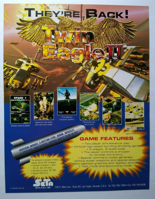 Seta Twin Eagle II Arcade FLYER Original 1994 NOS Video Game Artwork Air Combat