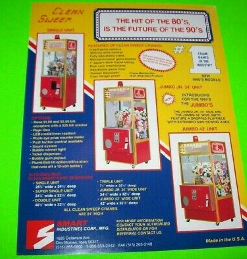 Smart Clean Sweep FLYER Skill Crane 1990s Original NOS Prize Claw Game Art Sheet