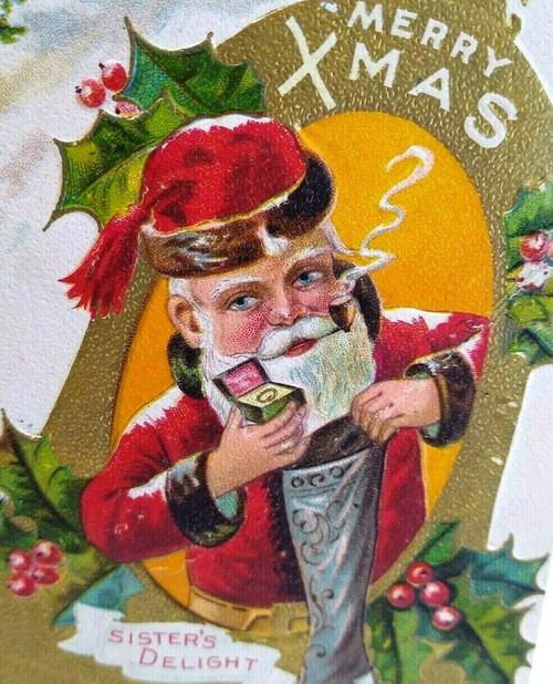 Santa Claus Christmas Postcard Holding Ring Stocking Smokes Pipe Sisters Delight