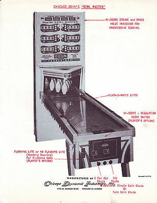 Bowl Masters Shuffle Alley Flyer 1959 Chicago Coin Original Arcade Game Flyer