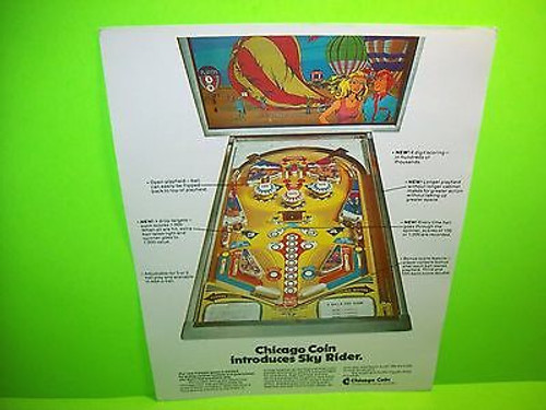 Sky Rider Pinball Machine Promo Flyer Vintage Chicago Coin Original NOS 1974