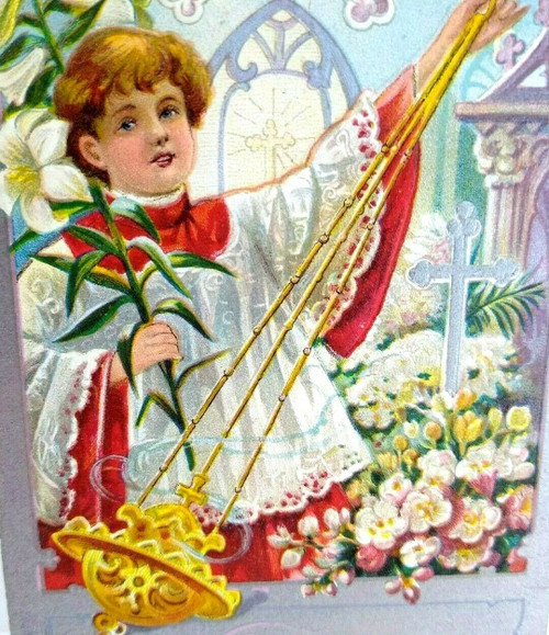 Easter Postcard Lily Series Embossed Flowers Choir Boy Swings Incense Vintage
