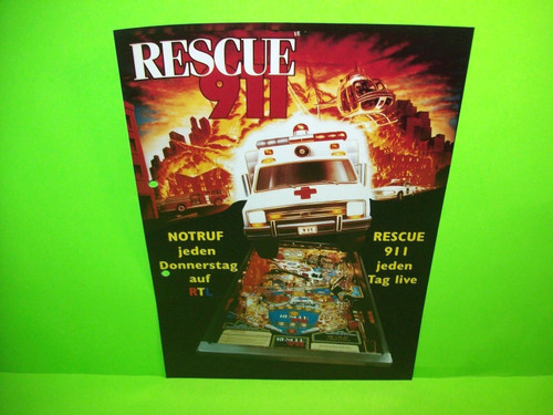 Gottlieb Rescue 911 Original 1994 German Arcade Pinball Machine Promo Flyer Rare