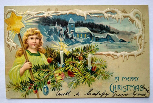 Vintage Christmas Postcard Star Child Angel Embossed Newton Center Mass 1906