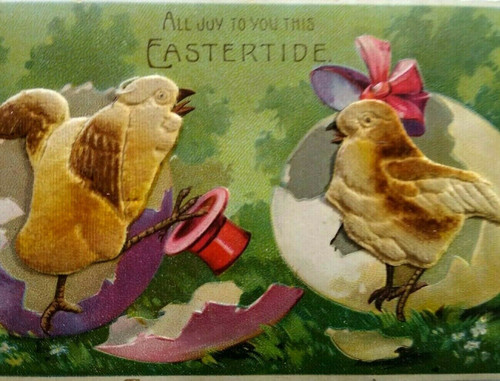 Easter Postcard 3-D Raised Image Fabric Covered Chicks On With Top Hat Germany