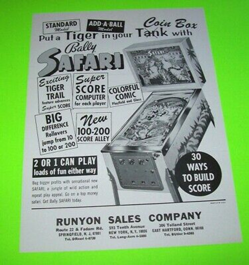 Safari Pinball FLYER Original Vintage Bally Game Tiger Jungle Art Sheet 1968