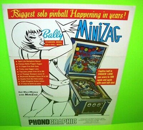 MiniZag Pinball Machine FLYER Bally Original 1968 Artwork Sheet Groovy Mod Art