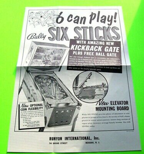 Bally SIX STICKS Original 1966 Flipper Game Pinball Machine Promo Sales Flyer