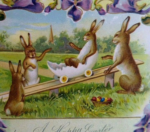Easter Postcard Vintage Fantasy Rabbit In Cracked Egg Buggy Car Humanized Plain