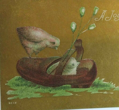 Easter Postcard Vintage Baby Chicks Inside Shoe Original Vintage Gold Linen