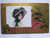 Victorian Christmas Postcard Lady In Bonnet Hat Vintage Original Holly Leaves