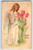 Easter Postcard Angel Pink Red Lilies Flowers Germany Embossed Unposted Vintage