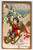 Christmas Postcard Victorian Child On Sled Blows Horn Wicker Basket Of Chestnuts