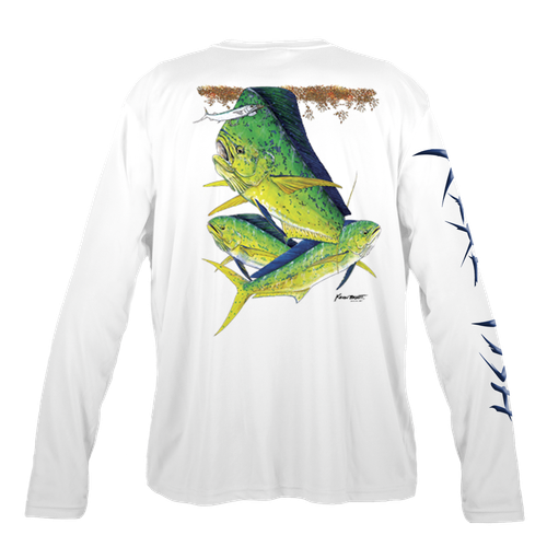 Mahi Mahi Montage Men's Long Sleeve Performance Fishing Shirt by Kevin Brant
