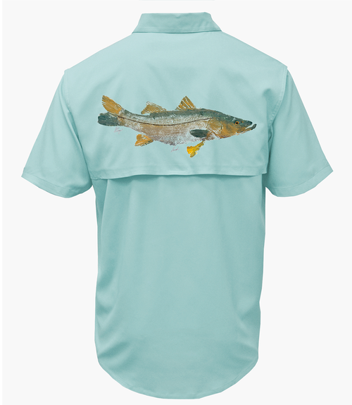Men's Snook Short Sleeve Fishing Shirt, back - light blue