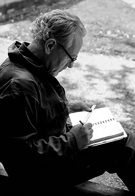 Ian drafting out some sculpture designs outside the Studio in Poole, Dorset.
