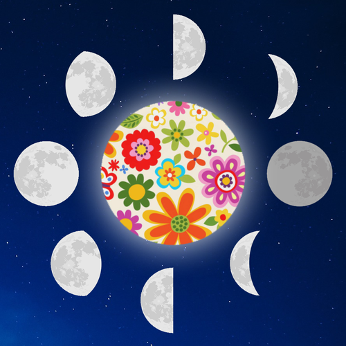 Graphic from bottle label showing a floral full moon with all the other phases surrounding it.