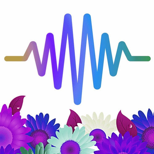 Image from bottle label: A colorful frequency wave over the top of blue, purple and white flowers.
