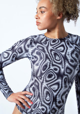 Move Dance Aurora Long Sleeve Open Back Leotard Bodysuit- Dimensions Close up front [Patterned]