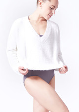 Move Dance Leona Fluffy V Neck Jumper White Front [White]