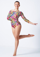 3/4 sleeve slash neck leotard ACT Front [Patterned]