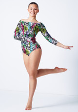 3/4 sleeve slash neck leotard GRF Front [Patterned]