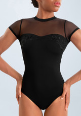 Mirella Floral Mock Neck Leotard Black Front 2 [Black]