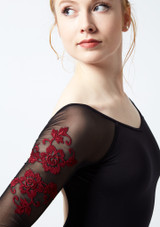 Ballet Rosa Floral Embroidery 3/4 Sleeve Mesh Leotard Black Front 2 [Black]