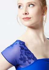 Ballet Rosa Floral Embroidery Cap Sleeve Mesh Leotard Blue Front 2 [Blue]