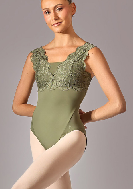 Move Dance Juniper Sleeveless Lace Leotard Khaki Front [Green]