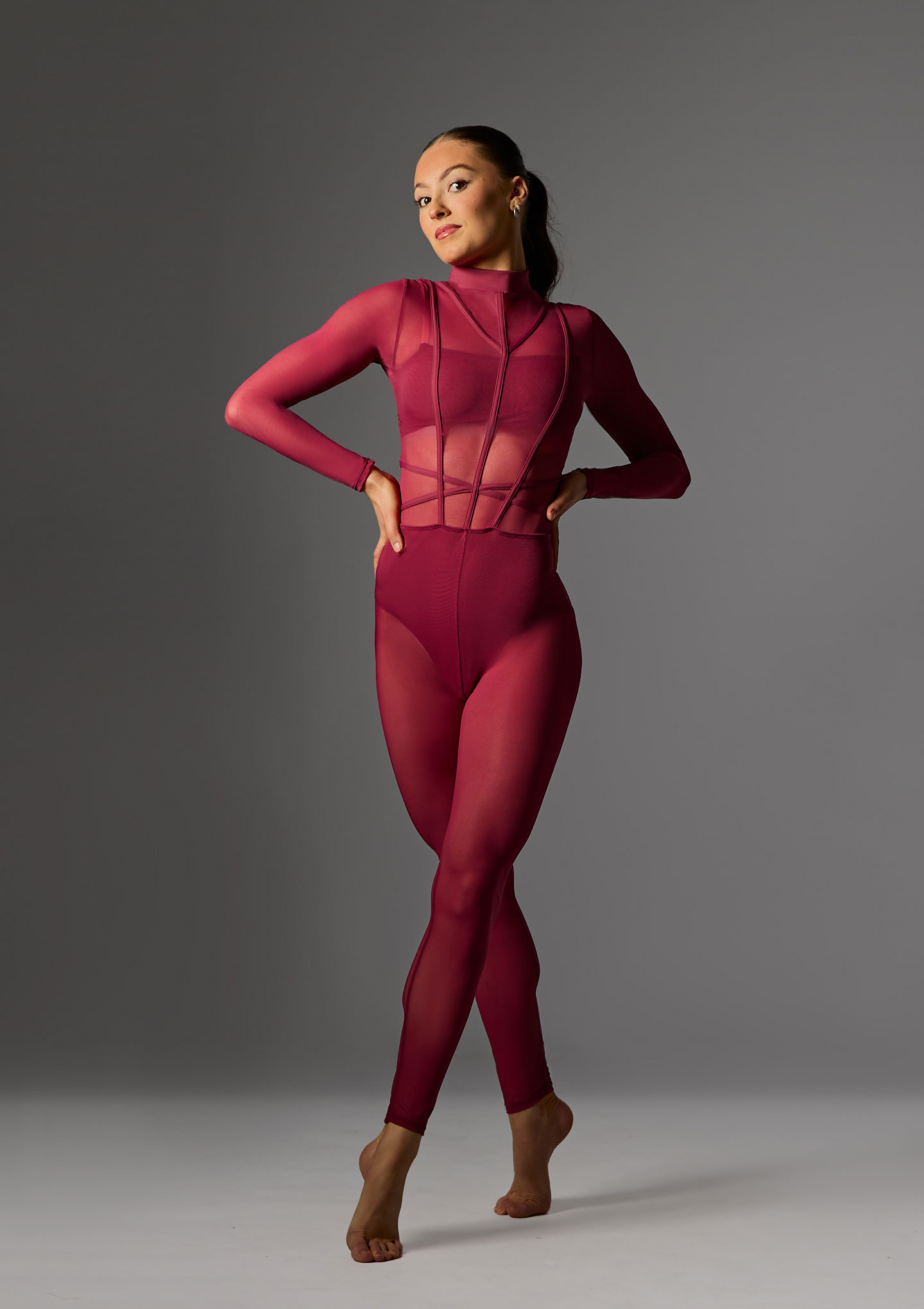 Jolista Unity Mesh Catsuit Burgundy Front [Red]