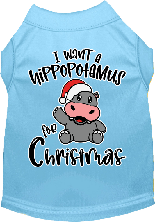 Hippo For Christmas Screen Print Dog Shirt Baby Blue Size Xs