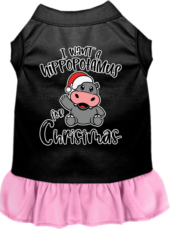 Hippo For Christmas Screen Print Dog Dress Black With Light Pink Size Md