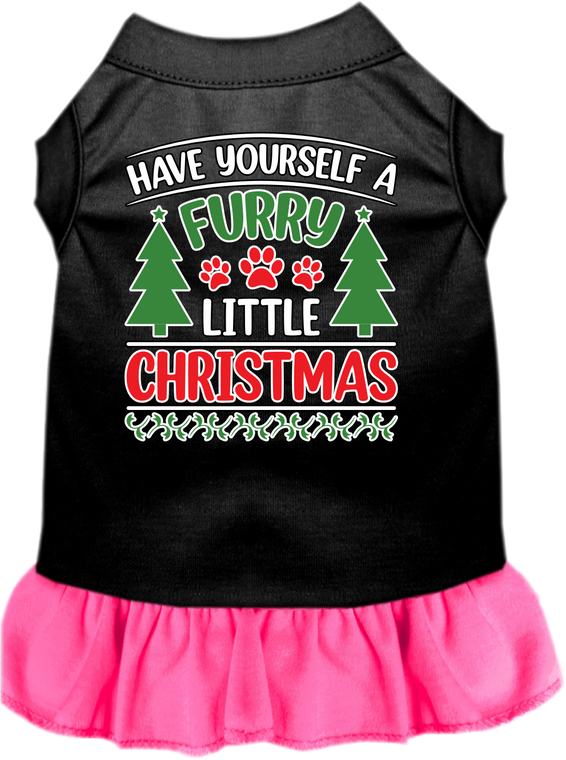 Furry Little Christmas Screen Print Dog Dress Black With Bright Pink Size Lg