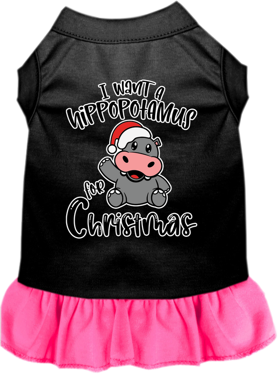 Hippo For Christmas Screen Print Dog Dress Black With Bright Pink Size Md