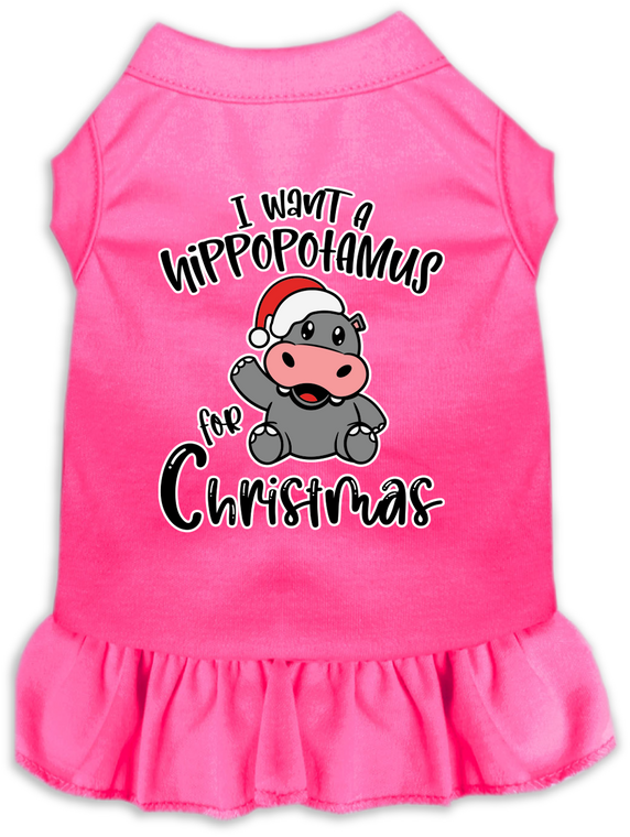 Hippo For Christmas Screen Print Dog Dress Bright Pink Size Xs