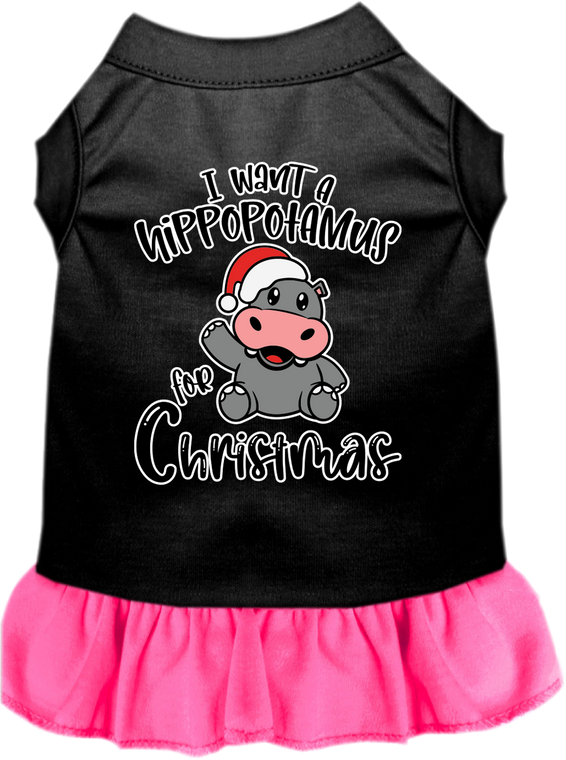 Hippo For Christmas Screen Print Dog Dress Black With Bright Pink Size Xs