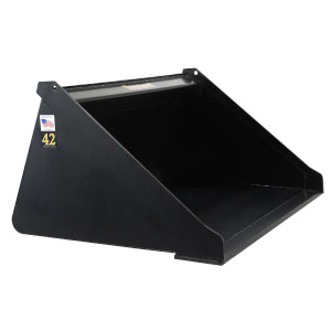 A Tomahawk Attachments 42 inch dingo smooth bucket, an attachment made for a compact utility loader A Tomahawk Attachments 42 inch dingo smooth bucket, an attachment made for a compact utility loader