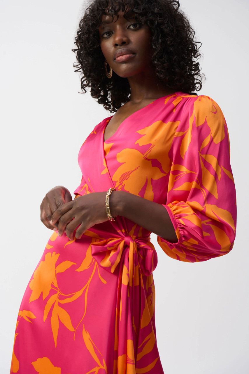 satin floral wrap dress Green Satin Floral Ruffle Wrap Midi Dress