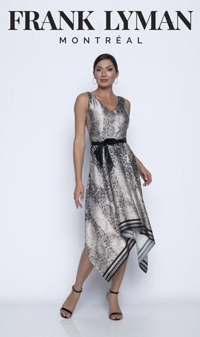 Frank Lyman floaty animal print hankerchief dress (196774). Stunning dress from , just what you need for that upcoming special event this season! Showcasing an all-over snake print, it features a v-neckline front and back, sleeveless design, fitted waist with a sash tie and flowing skirt with an asymmetric hem. The interior is lined on the body for added comfort. A beautiful piece suitable for many occasions.