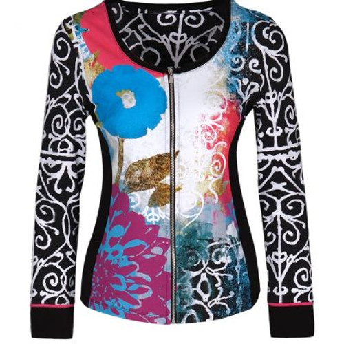 Dolcezza Floral Print Zip Jacket (22608) Graphic floral print zip jacket From the Bali 1 Redux collection by Mindy Sommers Round neckline Black side panelling Full length sleeves