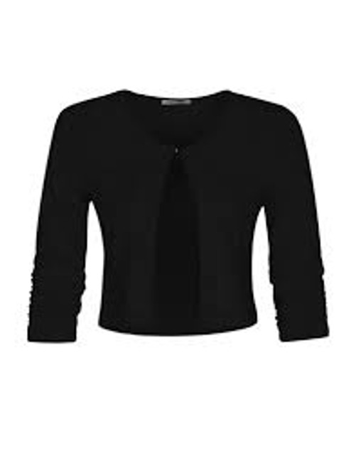 Dolcezza Short Cotton Jacket (22503) stylish short jacket with ruched sleeves and hook and eye fastening at the front . Great staple in the wardrobe and will go with so many things .